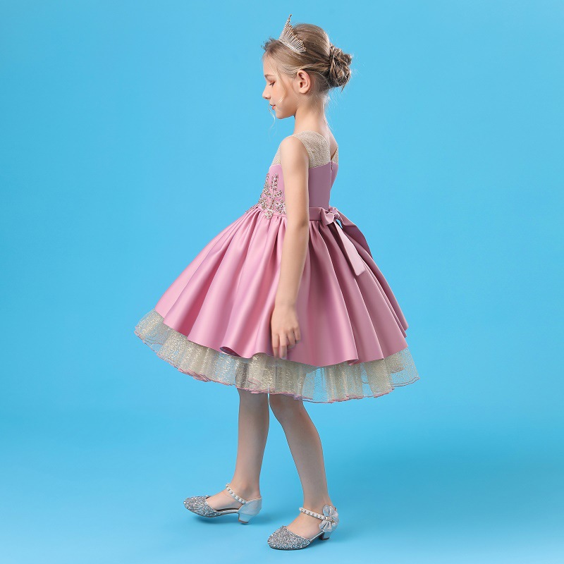 Girls' beaded dress gold mesh puffy sweet beauty girls' Princess Dress host party dress