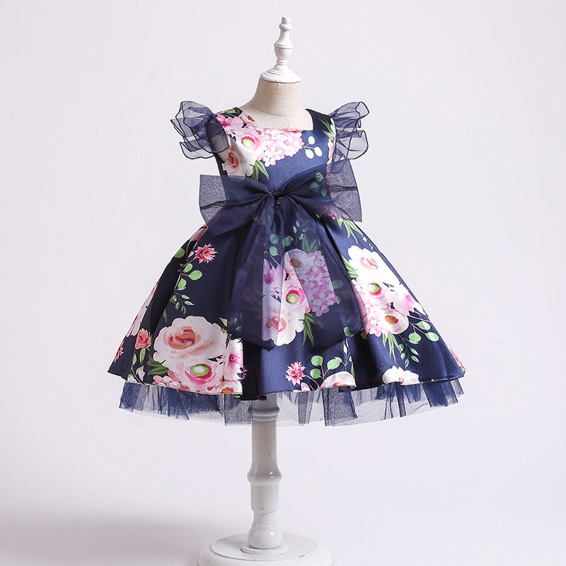 New girls' dress printed screen bow, fluffy princess dress, birthday piano performance dress