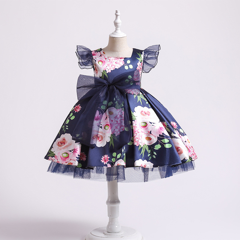 New girls' dress printed screen bow, fluffy princess dress, birthday piano performance dress