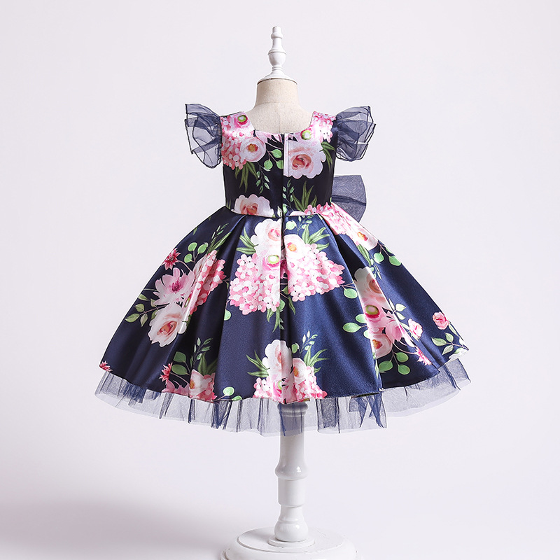 New girls' dress printed screen bow, fluffy princess dress, birthday piano performance dress