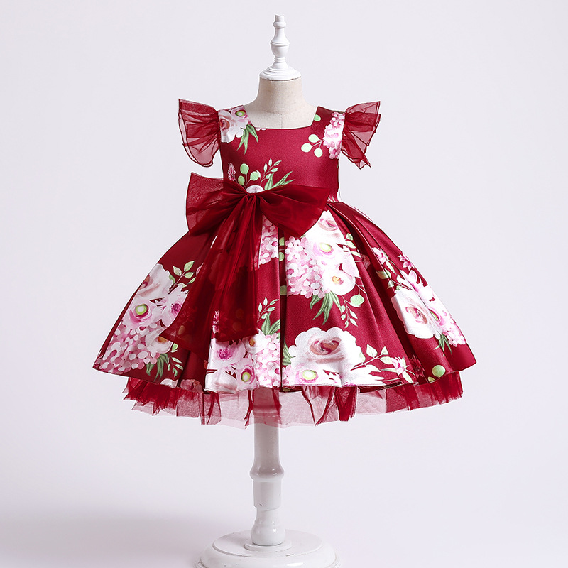 New girls' dress printed screen bow, fluffy princess dress, birthday piano performance dress