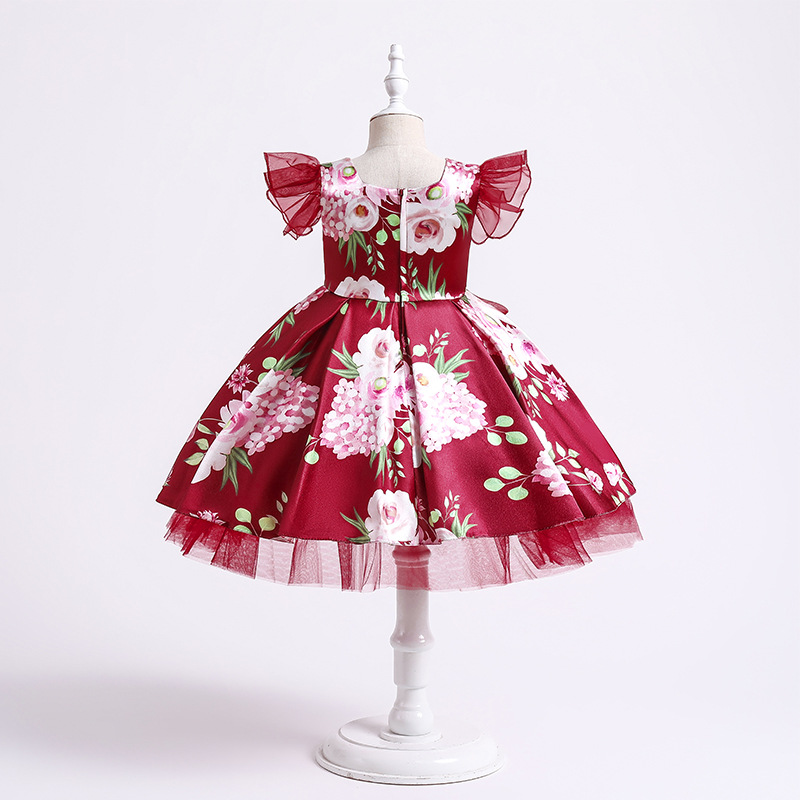 New girls' dress printed screen bow, fluffy princess dress, birthday piano performance dress