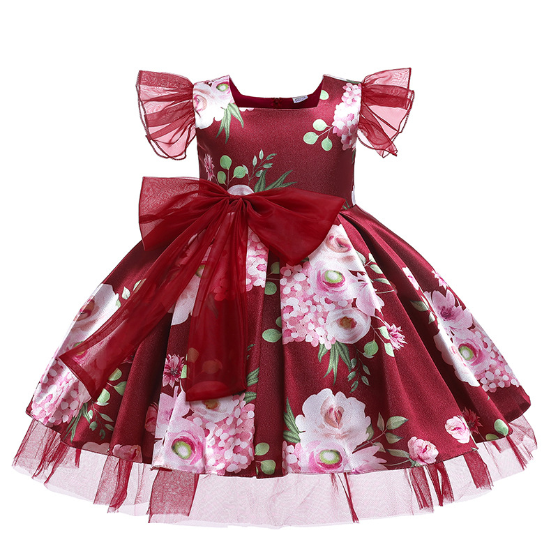 New girls' dress printed screen bow, fluffy princess dress, birthday piano performance dress