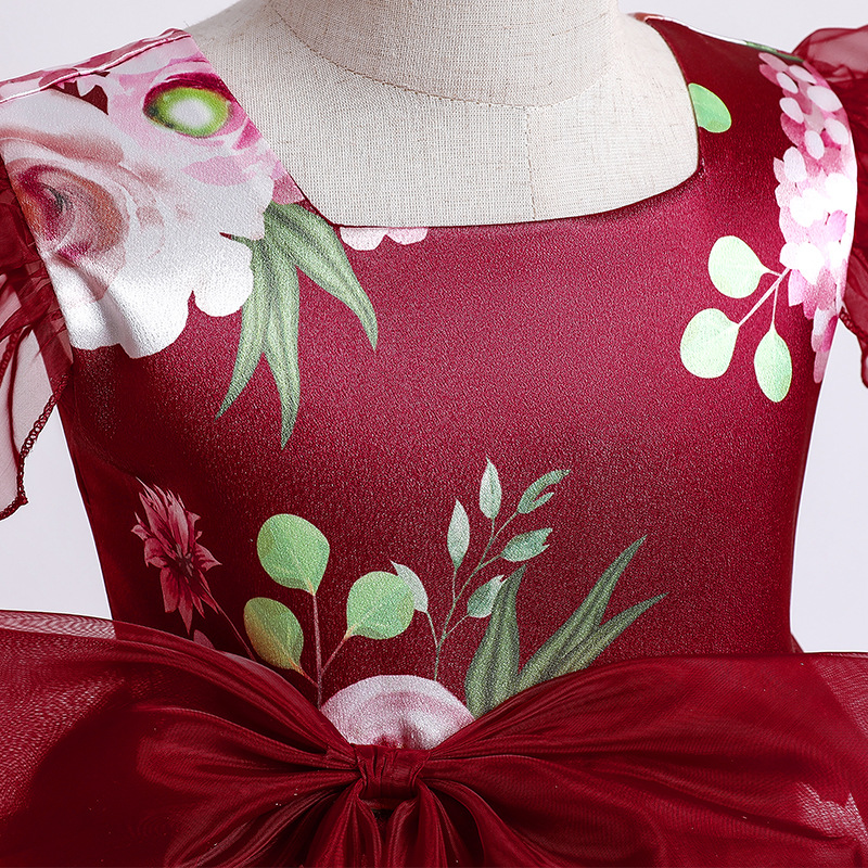 New girls' dress printed screen bow, fluffy princess dress, birthday piano performance dress