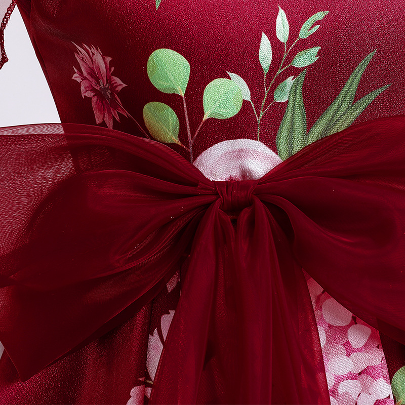 New girls' dress printed screen bow, fluffy princess dress, birthday piano performance dress