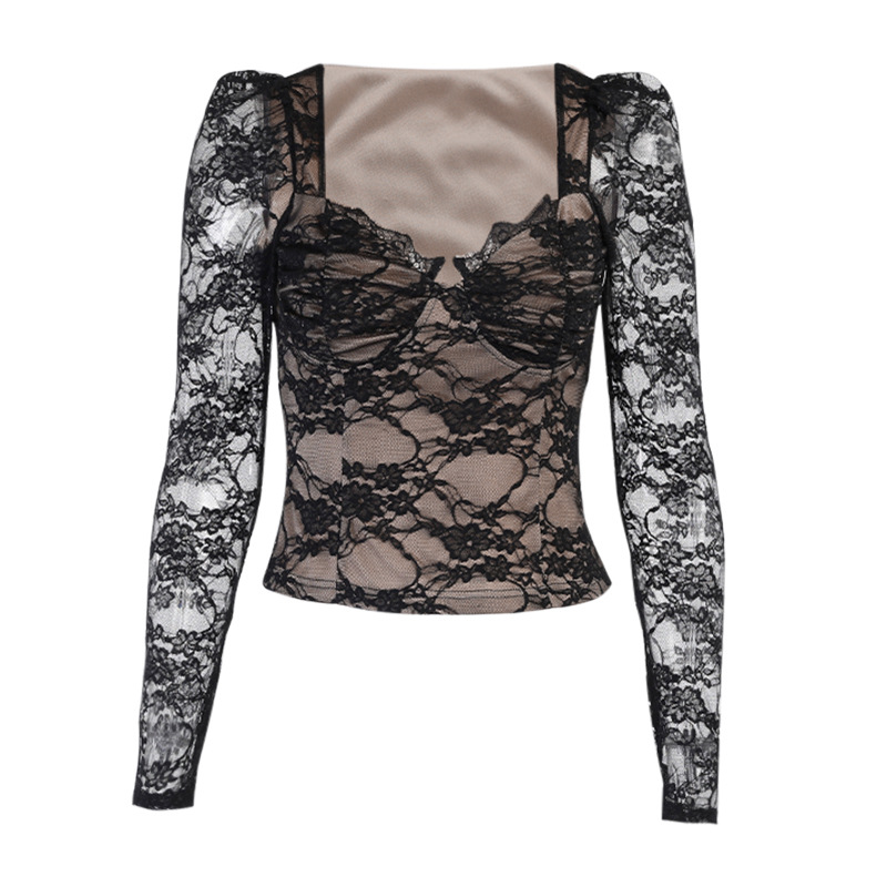 23604p chest Cup Lace Long Sleeve Top Women's European and American autumn fashion sexy black Bodypack V-neck shirt tops