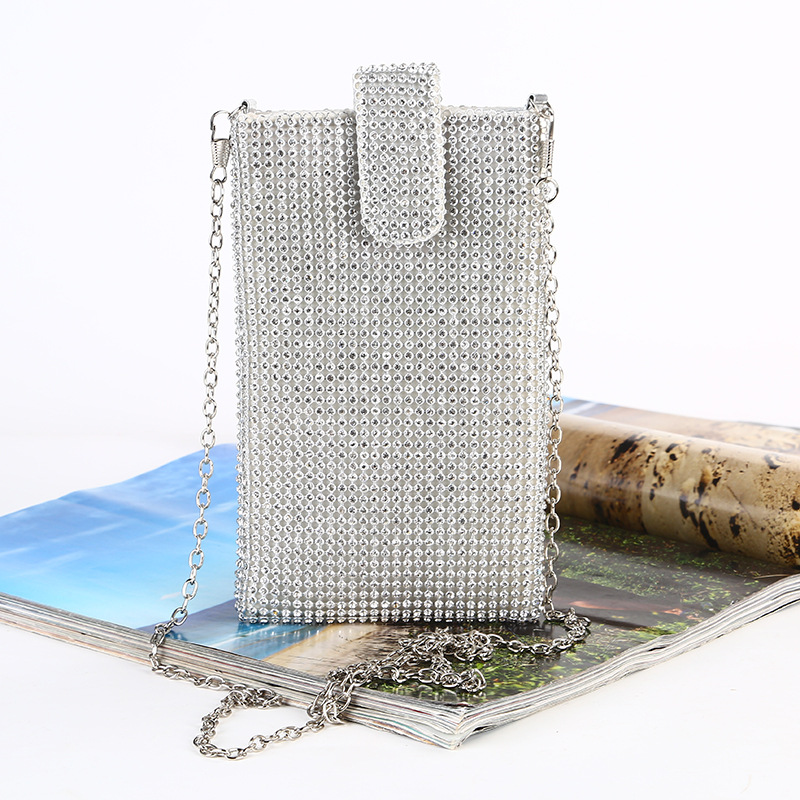 New diamond inlaid mobile phone bag women's chain messenger single shoulder small bag Rhinestone evening bag vertical party bag
