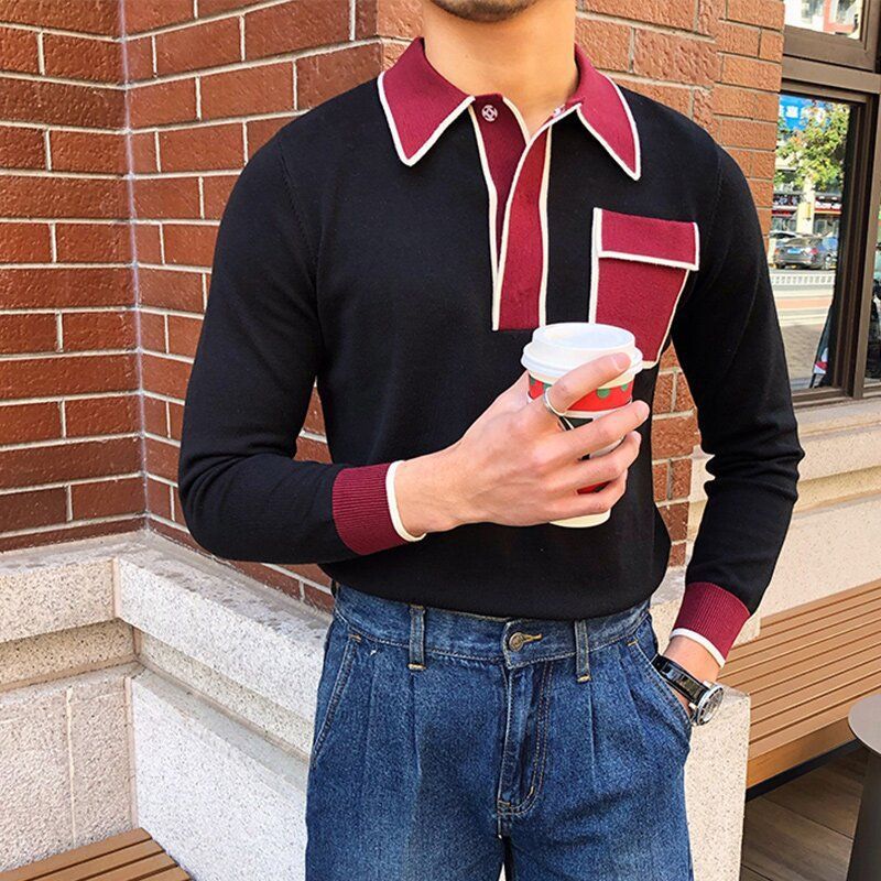 2022 Autumn new men's long sleeve shirt splicing casual men's shirt polo shirt fashion men's shirt