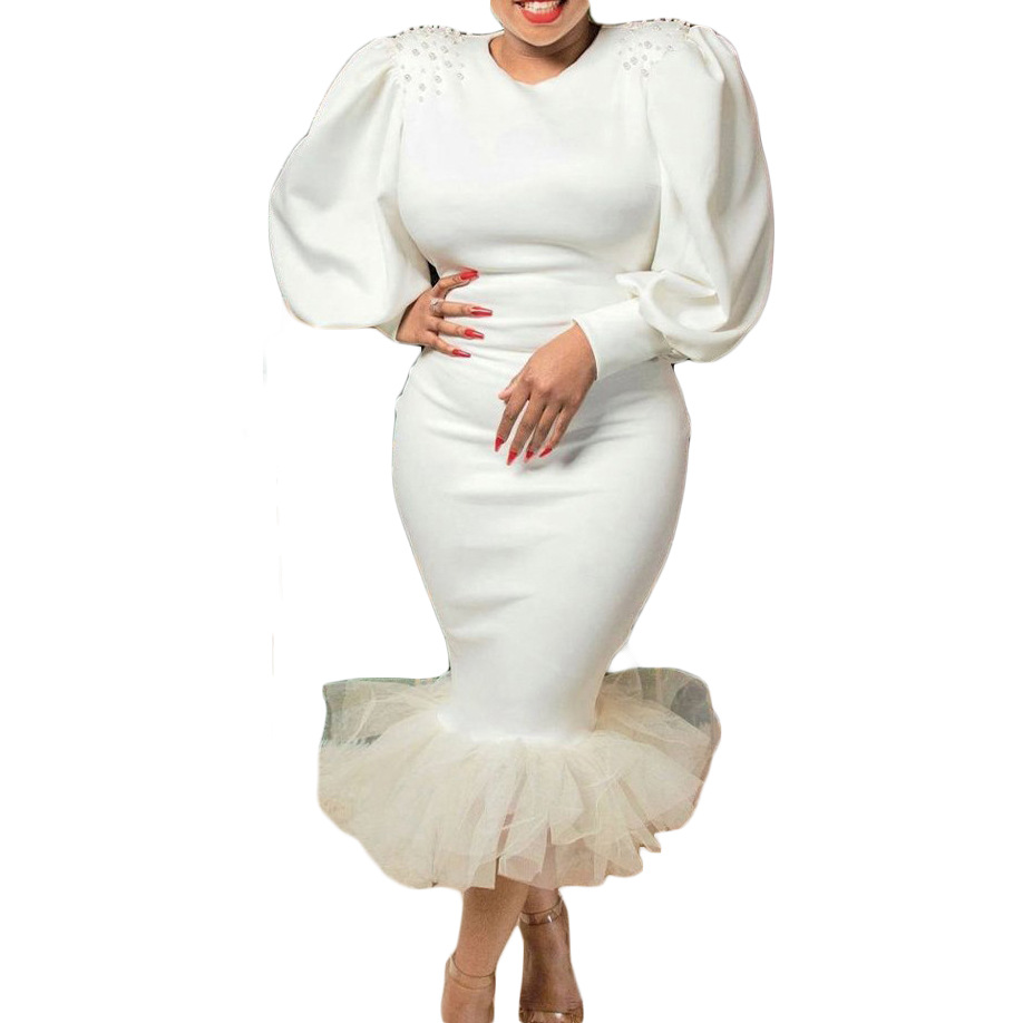 New nail bead bubble sleeve mesh stitching fishtail European and American banquet dress foreign trade dress