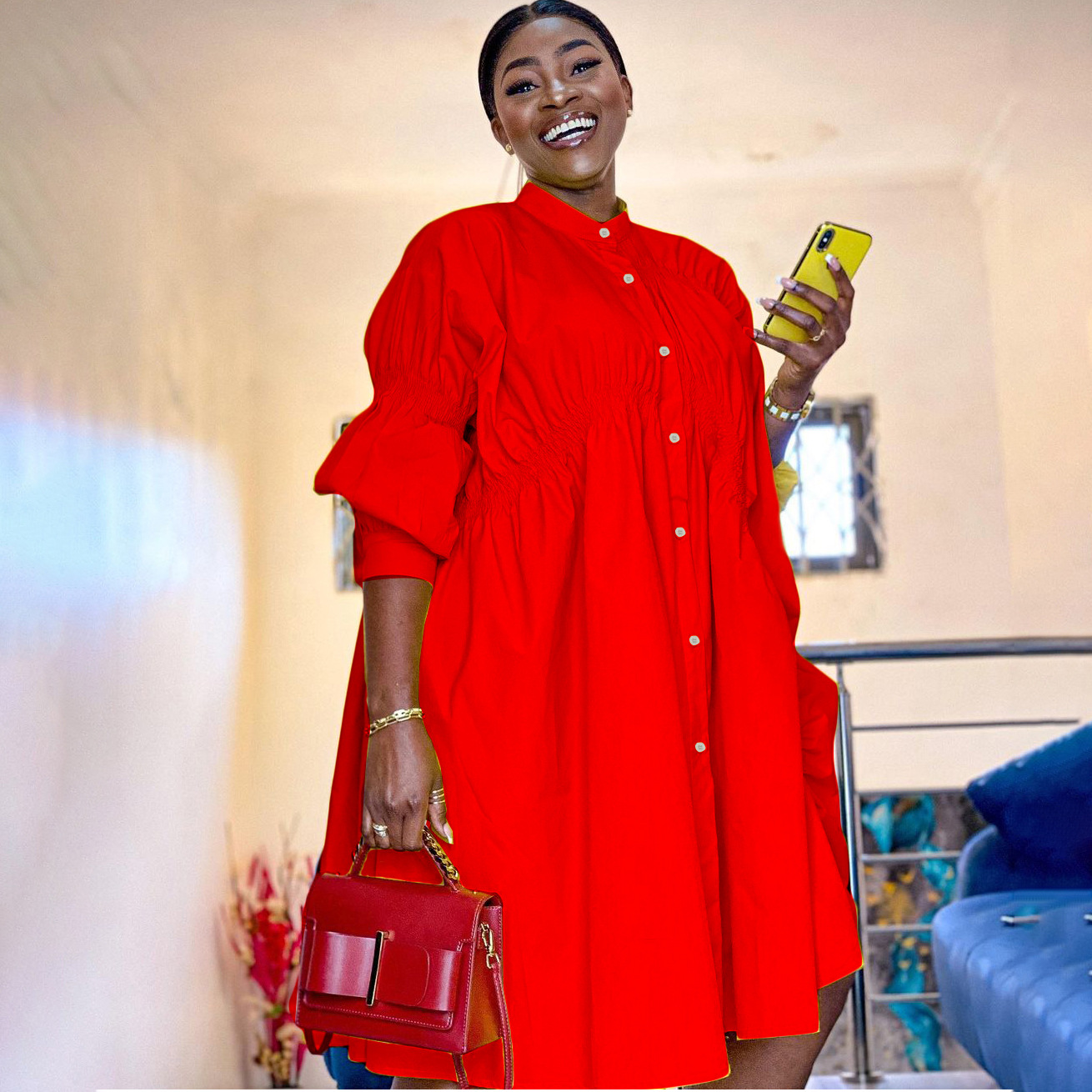 Autumn European and American women's independent station Amazon sexy cotton pleated loose large dress