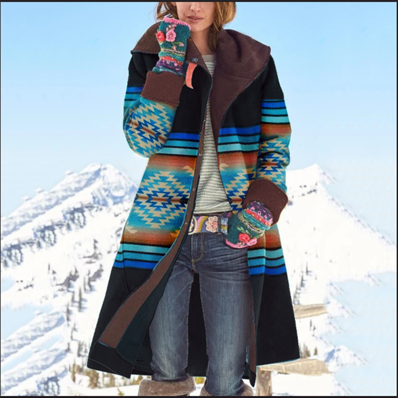 2022 Autumn and winter new women's wear medium and long printed top long sleeved dragon and Phoenix woolen jacket