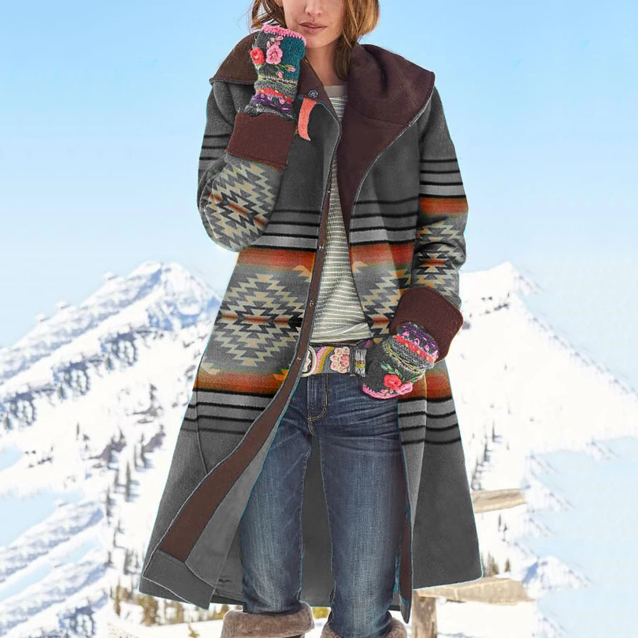 2022 Autumn and winter new women's wear medium and long printed top long sleeved dragon and Phoenix woolen jacket