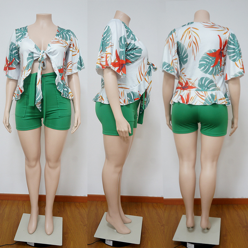 2022 Spring and autumn large two piece printed casual T-shirt and Shorts Set suit