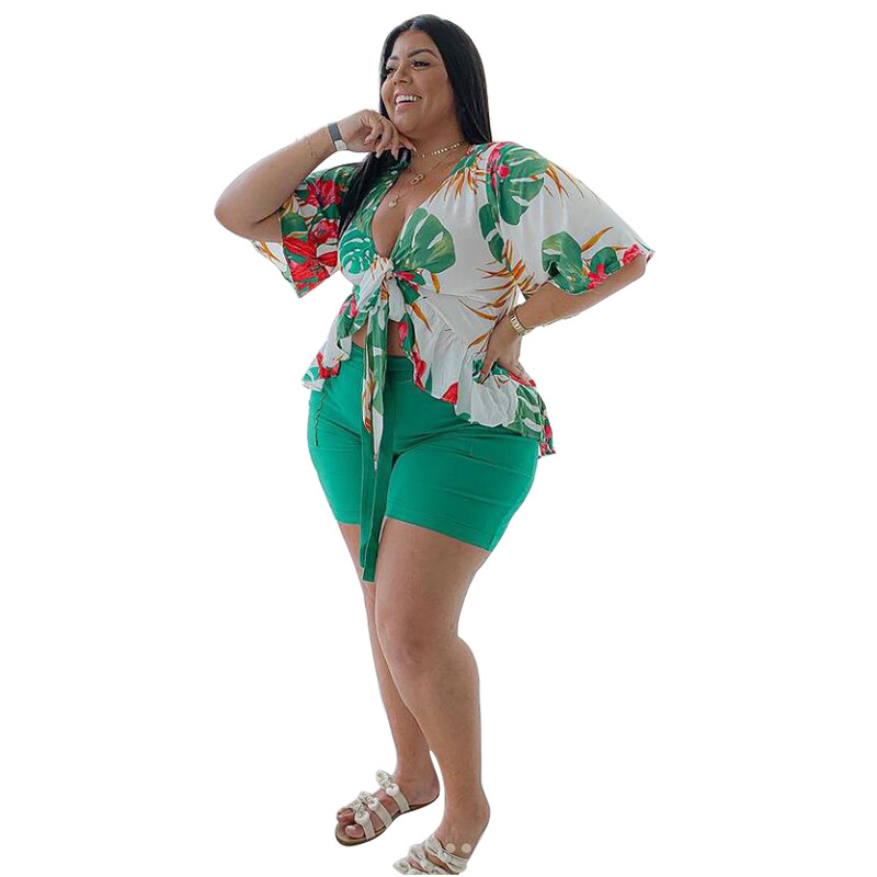2022 Spring and autumn large two piece printed casual T-shirt and Shorts Set suit
