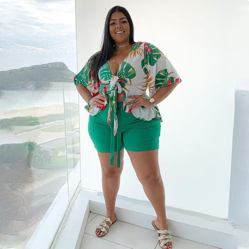 2022 Spring and autumn large two piece printed casual T-shirt and Shorts Set suit