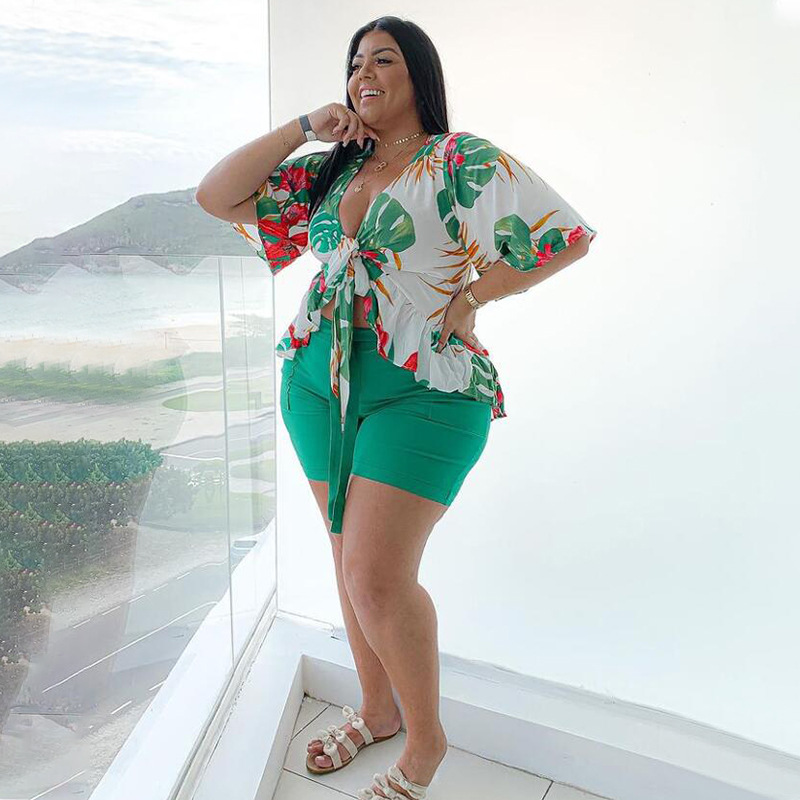2022 Spring and autumn large two piece printed casual T-shirt and Shorts Set suit