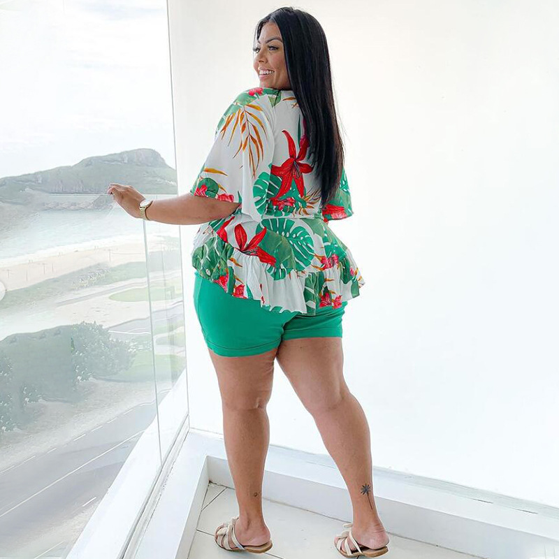 2022 Spring and autumn large two piece printed casual T-shirt and Shorts Set suit