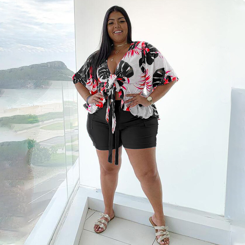 2022 Spring and autumn large two piece printed casual T-shirt and Shorts Set suit