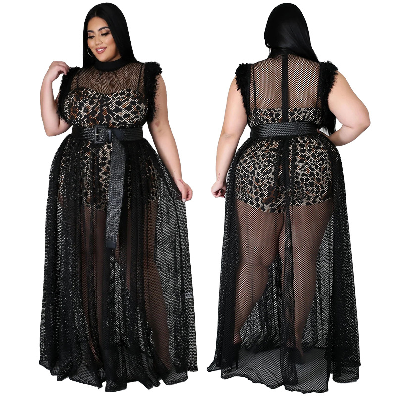 Women's temperament perspective sexy mesh long skirt large dress two-piece suit dress