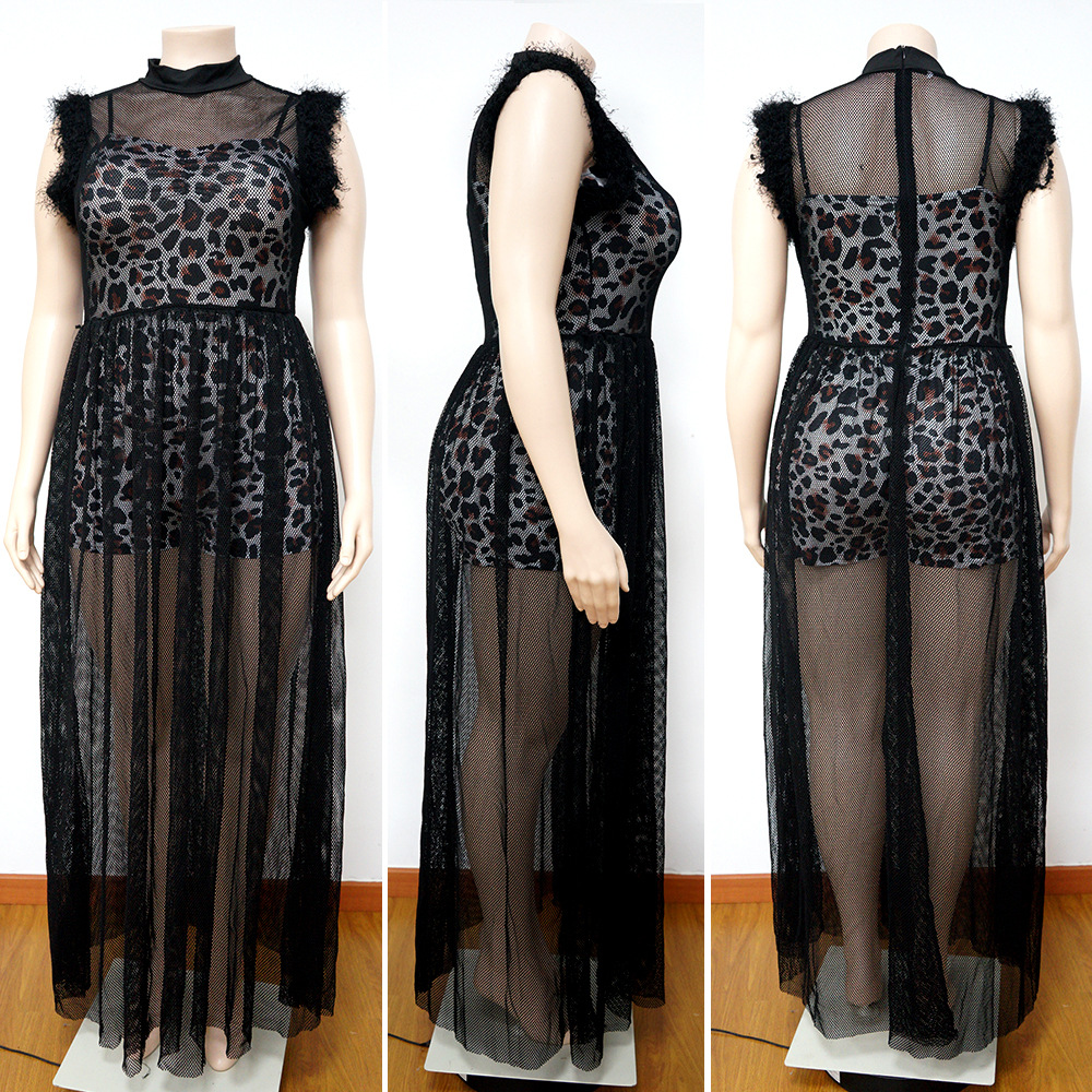 Women's temperament perspective sexy mesh long skirt large dress two-piece suit dress
