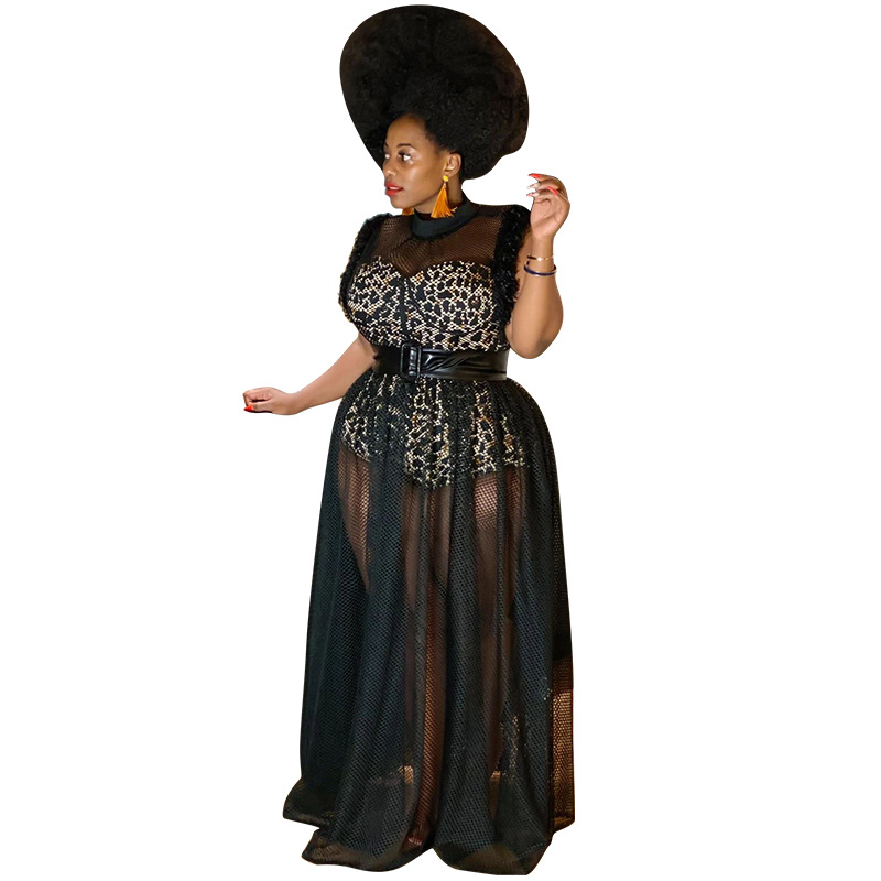 Women's temperament perspective sexy mesh long skirt large dress two-piece suit dress