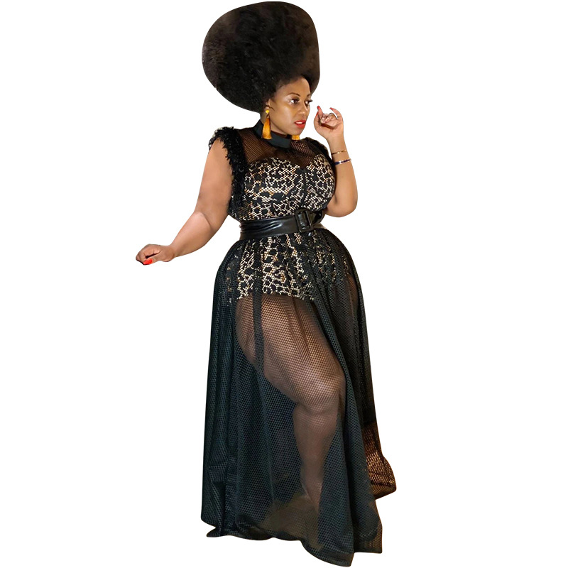 Women's temperament perspective sexy mesh long skirt large dress two-piece suit dress