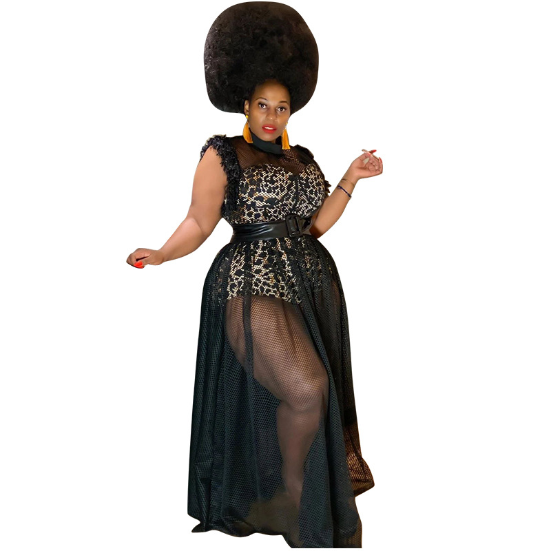 Women's temperament perspective sexy mesh long skirt large dress two-piece suit dress