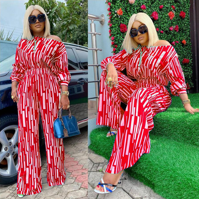 100kg Large women's striped print outfit long sleeve shoulder loose fashion casual suit