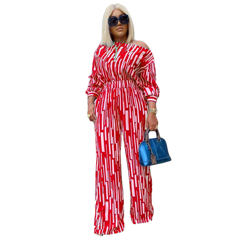 100kg Large women's striped print outfit long sleeve shoulder loose fashion casual suit