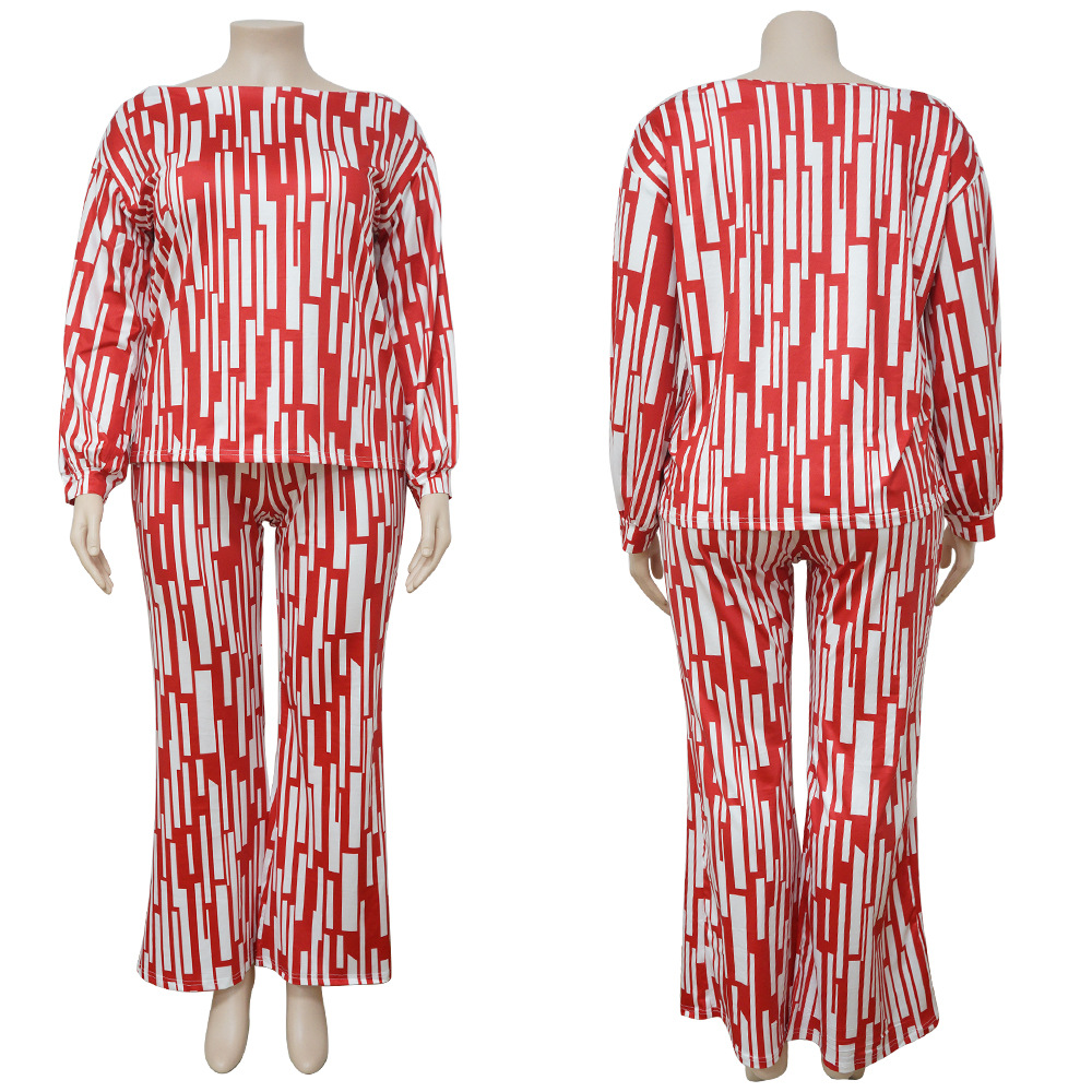 100kg Large women's striped print outfit long sleeve shoulder loose fashion casual suit