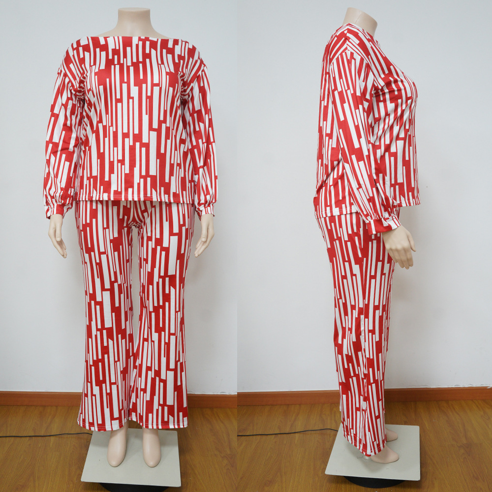 100kg Large women's striped print outfit long sleeve shoulder loose fashion casual suit