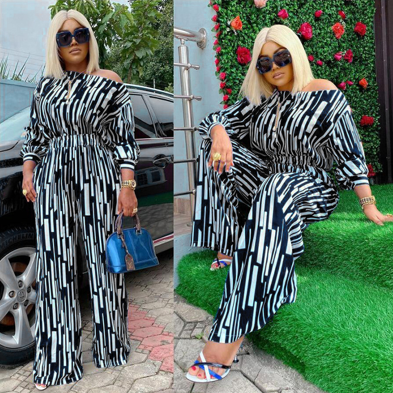 100kg Large women's striped print outfit long sleeve shoulder loose fashion casual suit