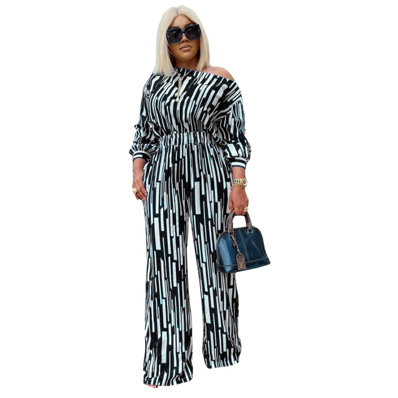 100kg Large women's striped print outfit long sleeve shoulder loose fashion casual suit