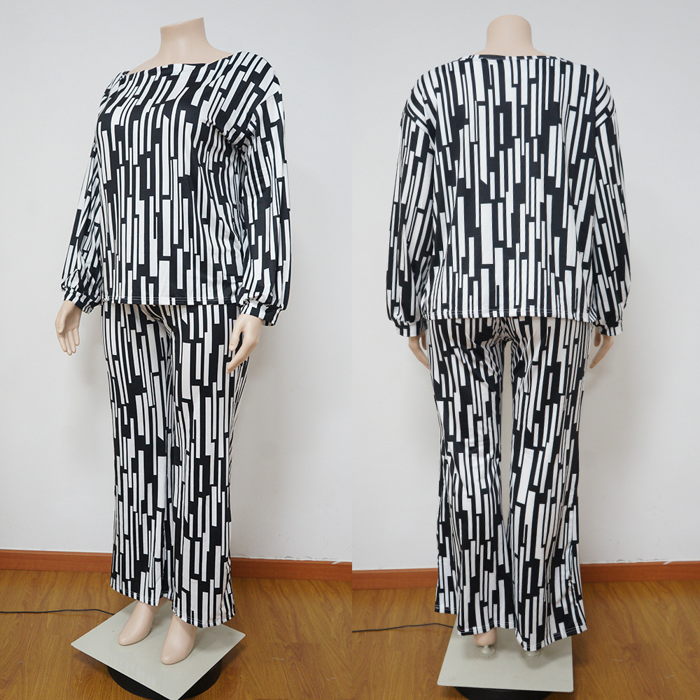 100kg Large women's striped print outfit long sleeve shoulder loose fashion casual suit