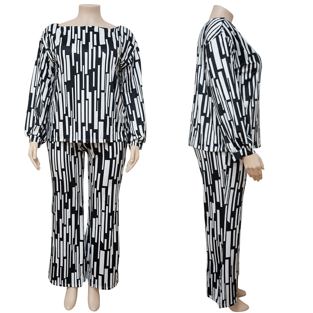 100kg Large women's striped print outfit long sleeve shoulder loose fashion casual suit