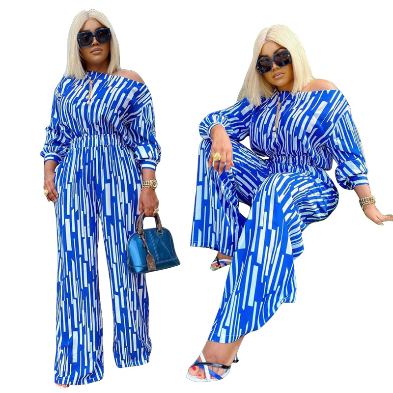100kg Large women's striped print outfit long sleeve shoulder loose fashion casual suit