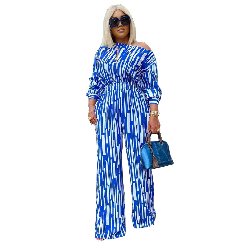 100kg Large women's striped print outfit long sleeve shoulder loose fashion casual suit