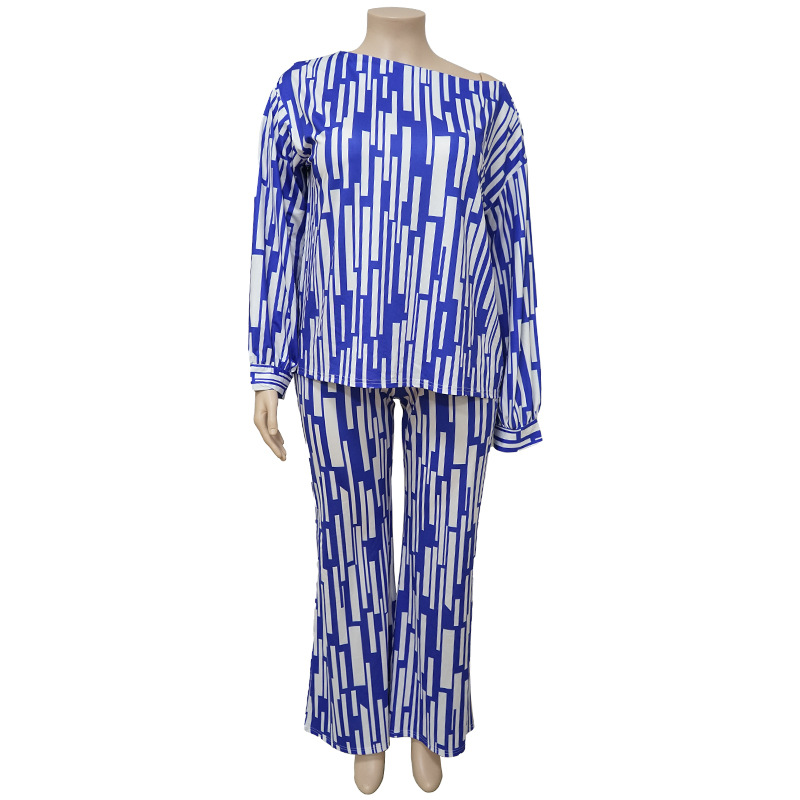 100kg Large women's striped print outfit long sleeve shoulder loose fashion casual suit