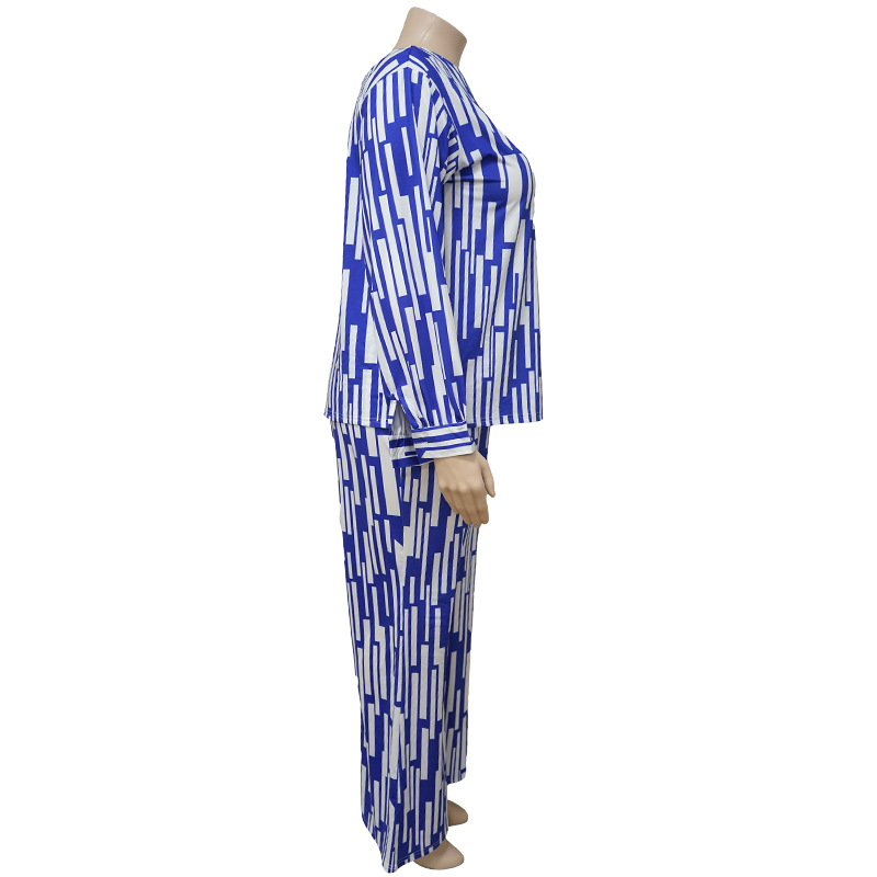 100kg Large women's striped print outfit long sleeve shoulder loose fashion casual suit