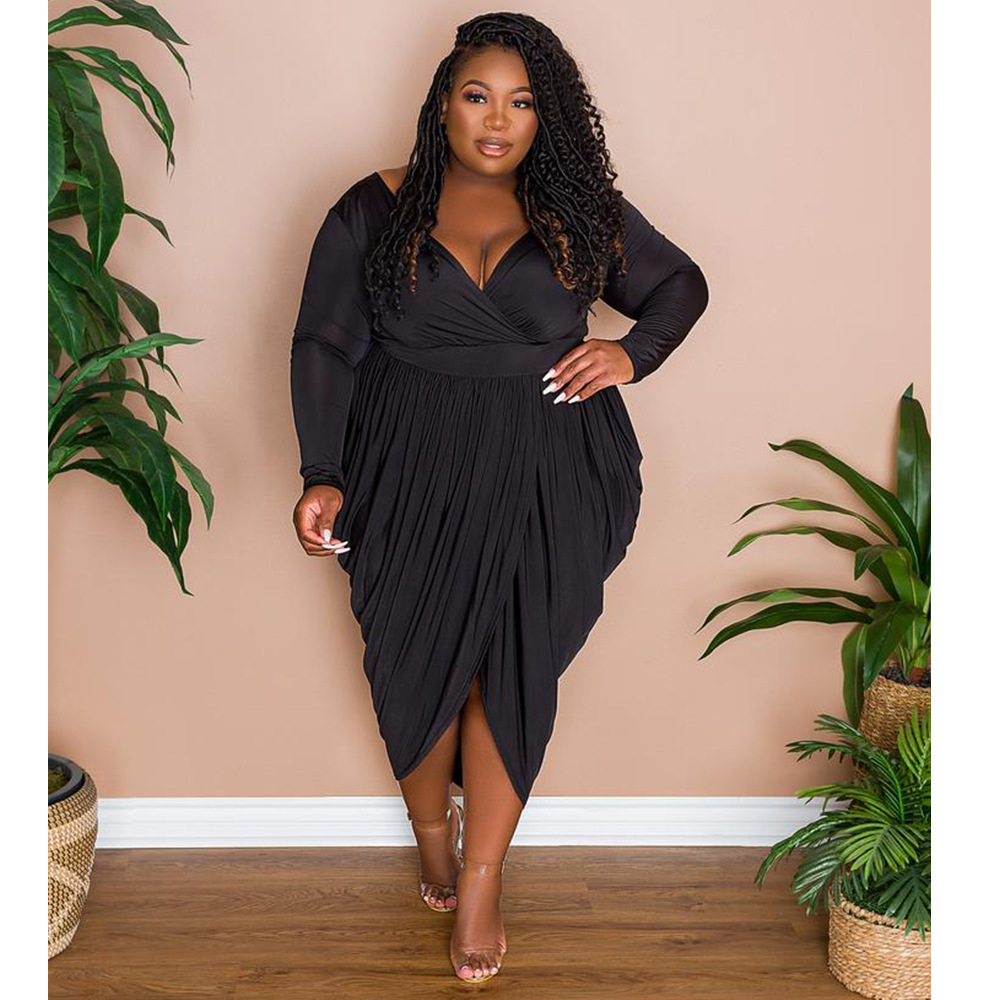 Autumn women's sexy deep V fashion pleated skirt elegant nightclub fat female dress