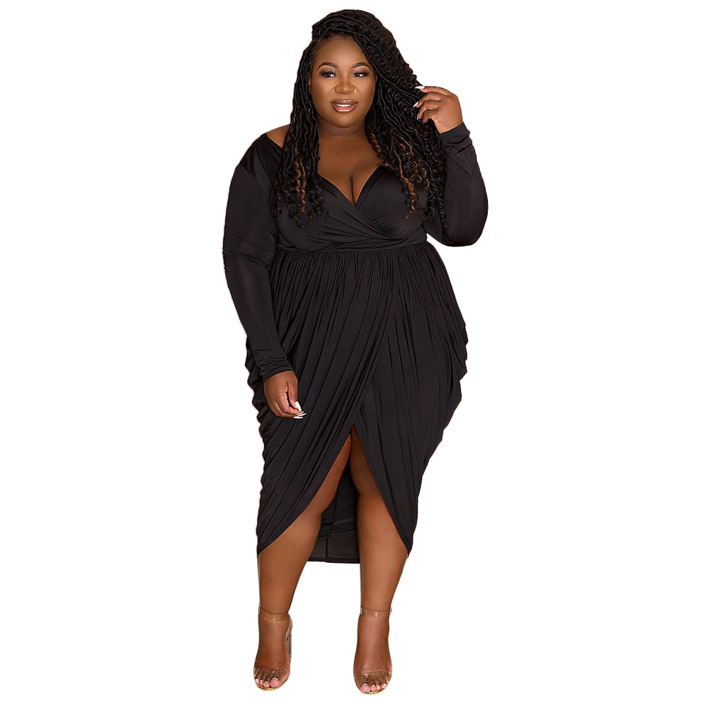 Autumn women's sexy deep V fashion pleated skirt elegant nightclub fat female dress