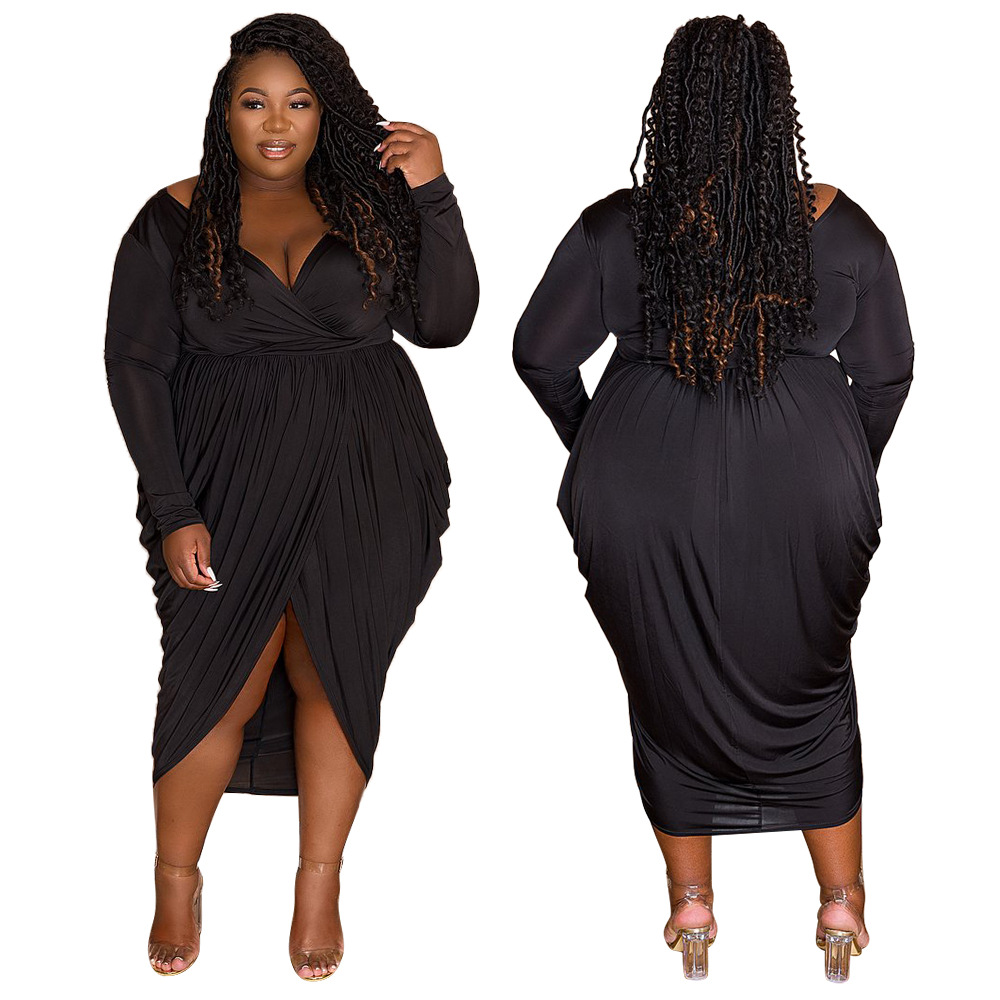 Autumn women's sexy deep V fashion pleated skirt elegant nightclub fat female dress