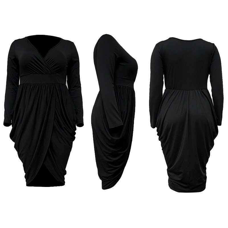 Autumn women's sexy deep V fashion pleated skirt elegant nightclub fat female dress