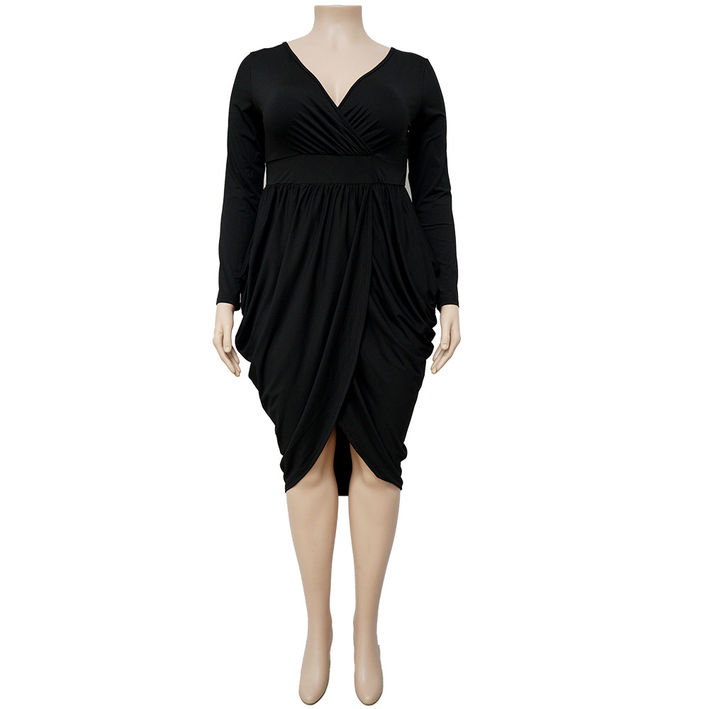 Autumn women's sexy deep V fashion pleated skirt elegant nightclub fat female dress