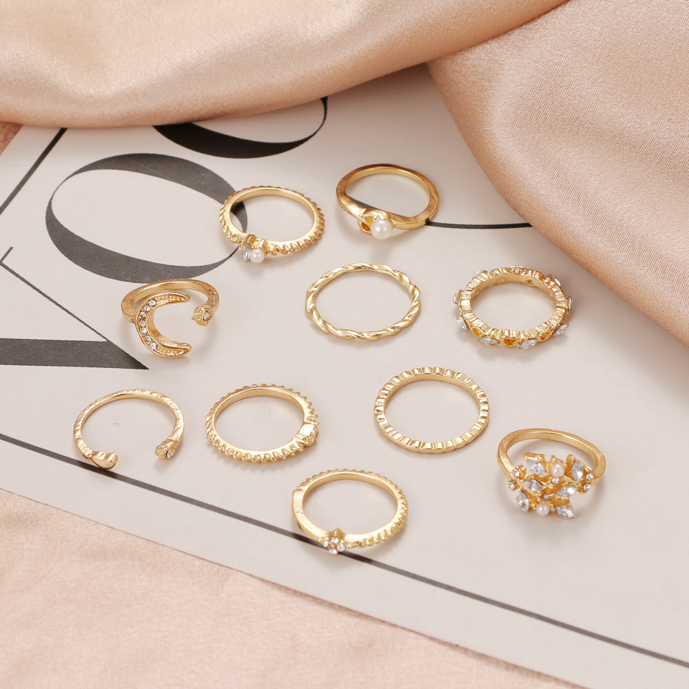 5 Set 10 piece set of stars and moon set ring set with diamond pearl Bohemian style ring female