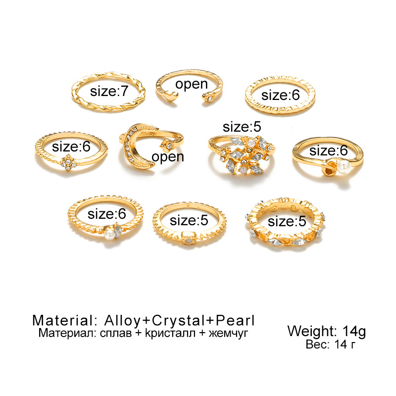 5 Set 10 piece set of stars and moon set ring set with diamond pearl Bohemian style ring female