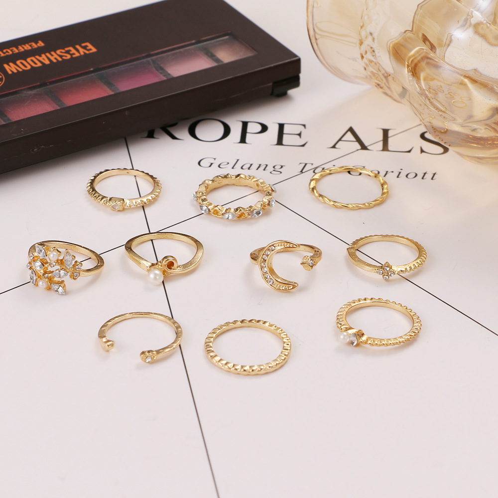 5 Set 10 piece set of stars and moon set ring set with diamond pearl Bohemian style ring female