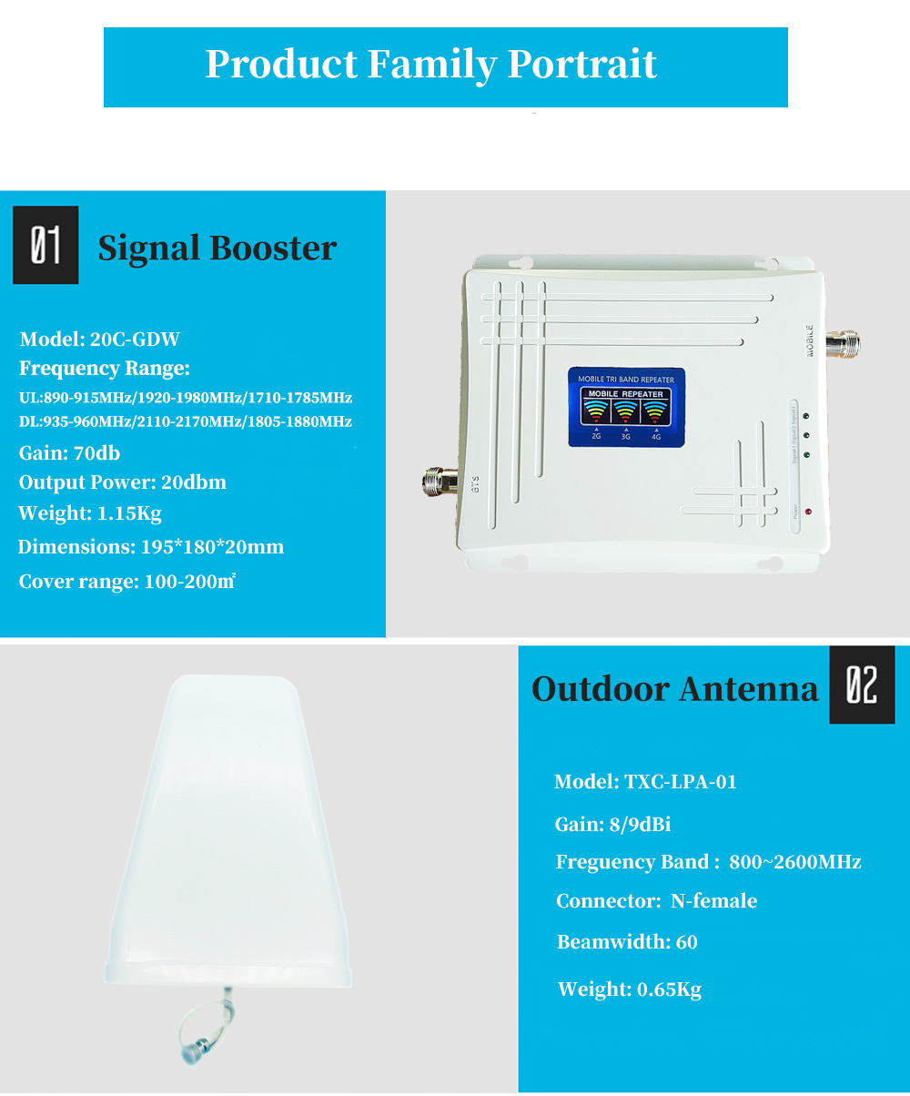 2G3G4G Tri band mobile phone signal amplifier repeater mobile phone signal intensifier extender