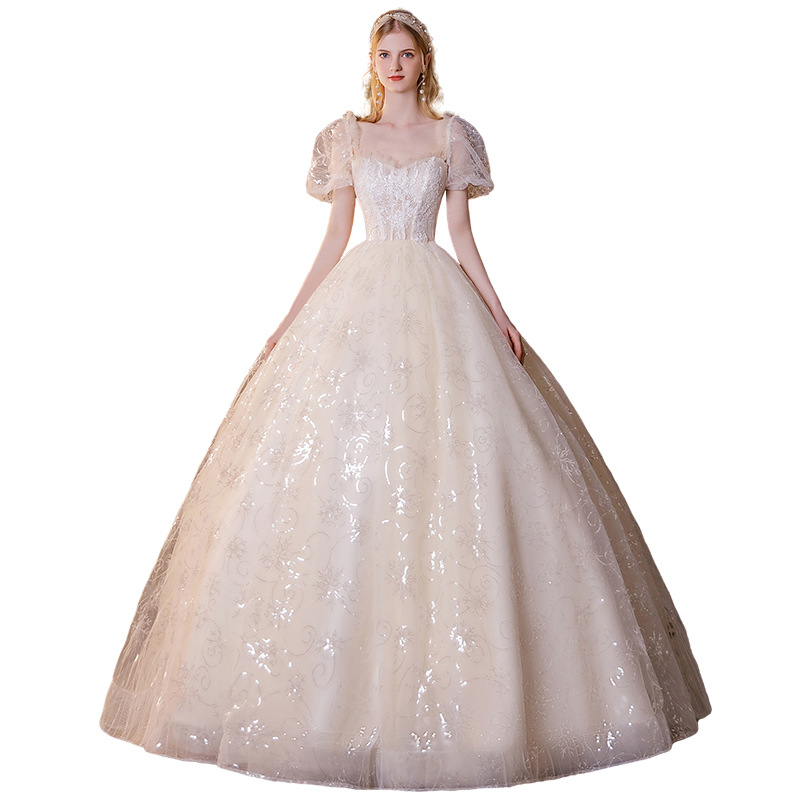 2022 Floor length champagne wedding dress bride new French super flash large size autumn and winter short sleeves cover thick arms dress