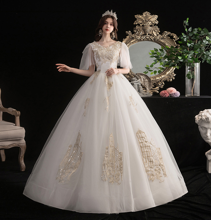 French Hepburn light wedding dress 2022 new bride simple V-neck large wedding dress